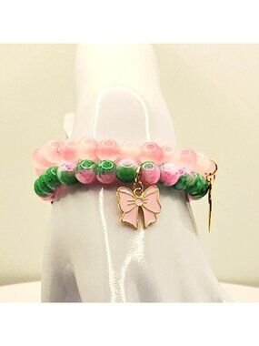 Pink Bow Bracelet Stack, Coquette Heart Bracelets, Feminine Beaded Jewelry